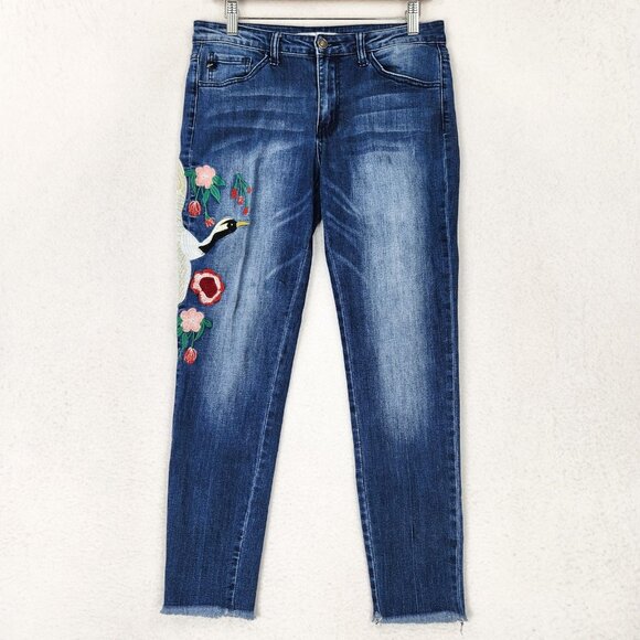 KanCan Jeans Womens 11 29 Blue Embroidered Bird Floral Raw Hem Stretch Denim - Picture 1 of 11